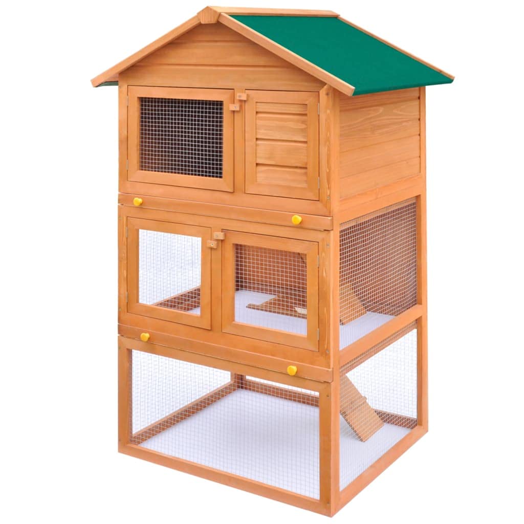 vidaXL Outdoor Wooden Rabbit Hutch, 3-Tier Small Animal House/Pet Cage - Weather-Resistant Roof and Iron Wire Mesh for Visibility & Ventilation - Ladders & Pull-Out Trays for Easy Cleaning