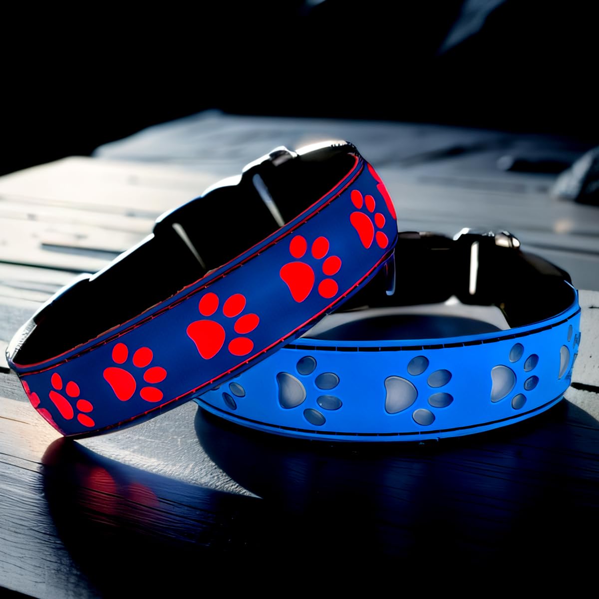 Dogled Led Light Up Dog Collar, Usb-C Rechargeable, Multicolor Paw Print Design, 15 Modes Lighting Night Safety (Blue, M(11.8-15