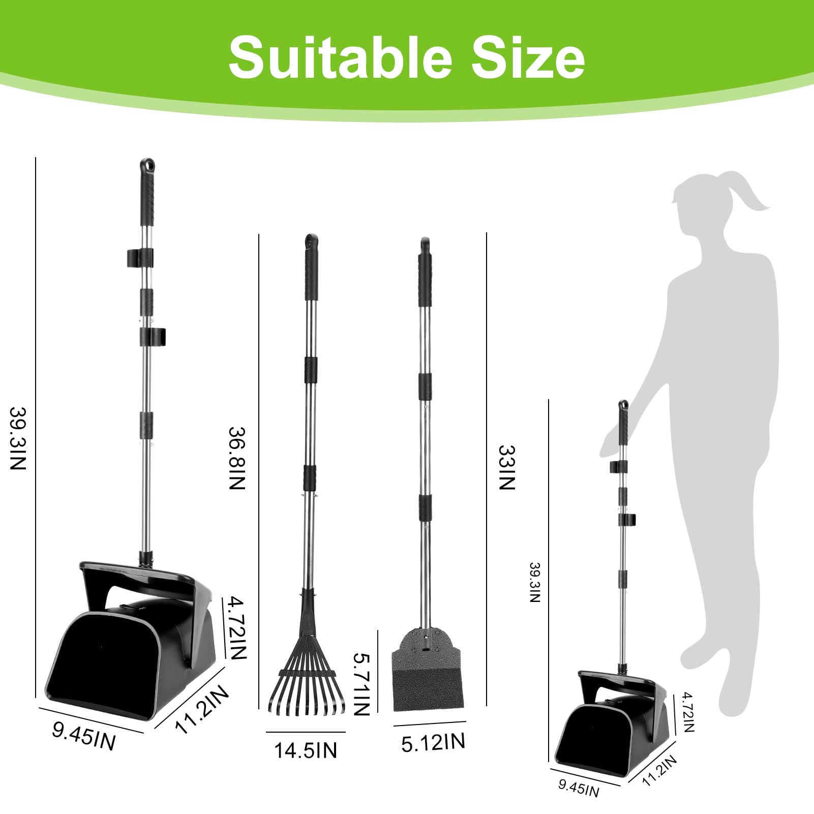 Ygnnxrn Pooper Scooper Large Swivel Bin & Rake & Spade With 20 Waste Bags And 1 Hook, 39.3'' Long Handle Metal Dog Pooper Scoope