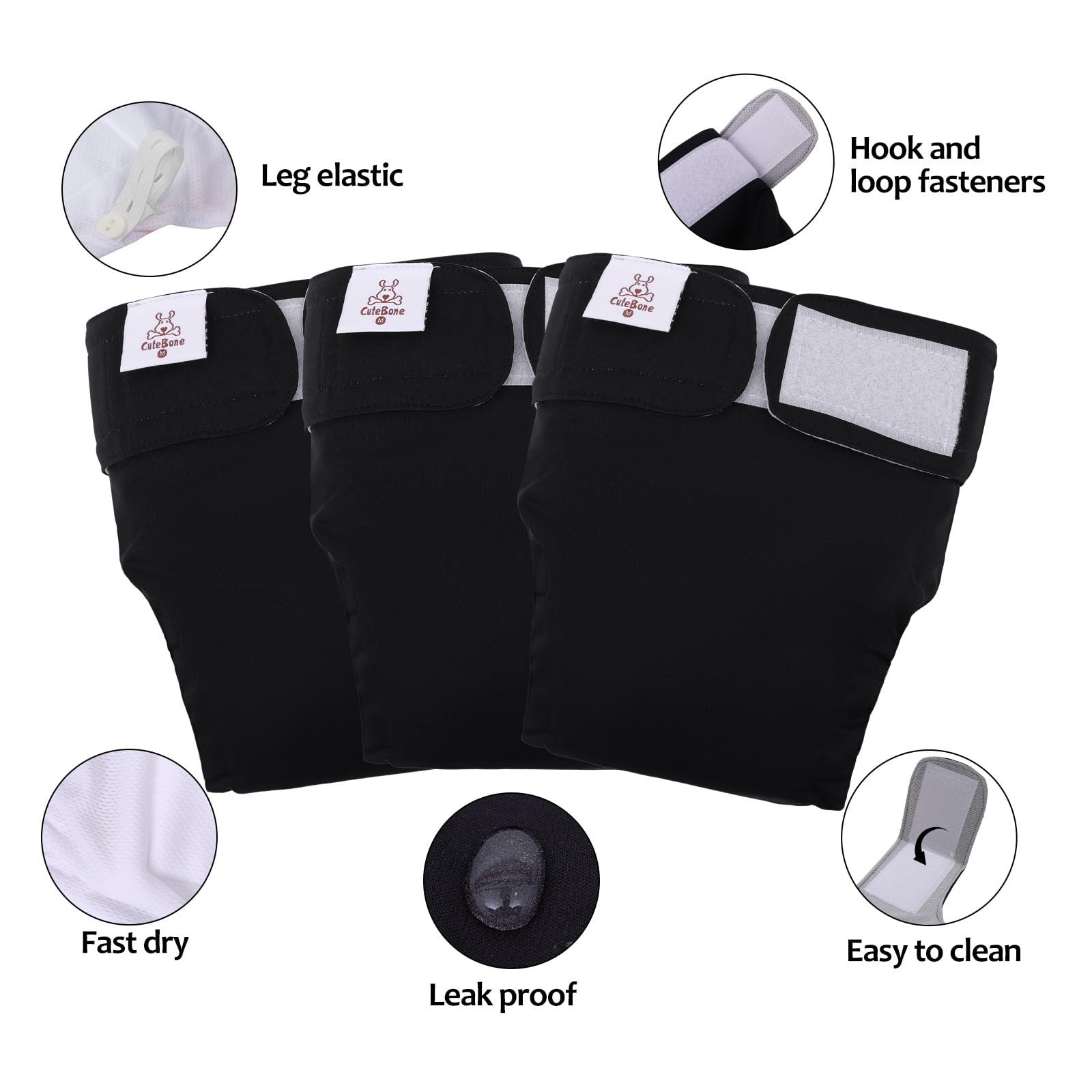 Cutebone Washable Dog Diapers Female No Tail Hole 3 Pack Reusable Doggie Period Training Pants For Docked-Tail Frenchie French Bulldog Boston Terrier Without Tail Wwd21S