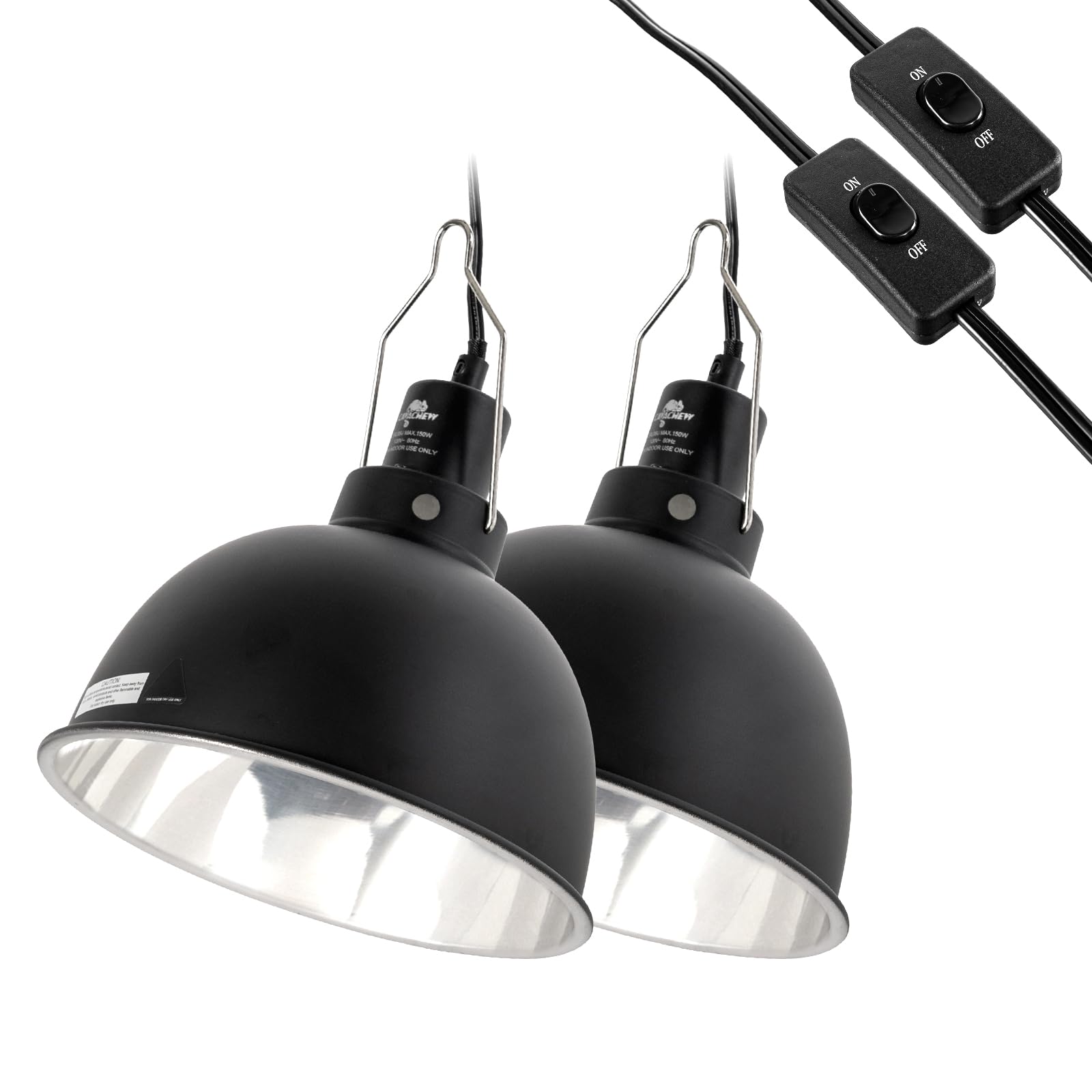 CAVACHEW 2 Pack Reptile Light Fixture, 8.5in Deep Dome Reptile Lamp Fixture, Optical Reflection Cover, Separate Switche & Hook, 