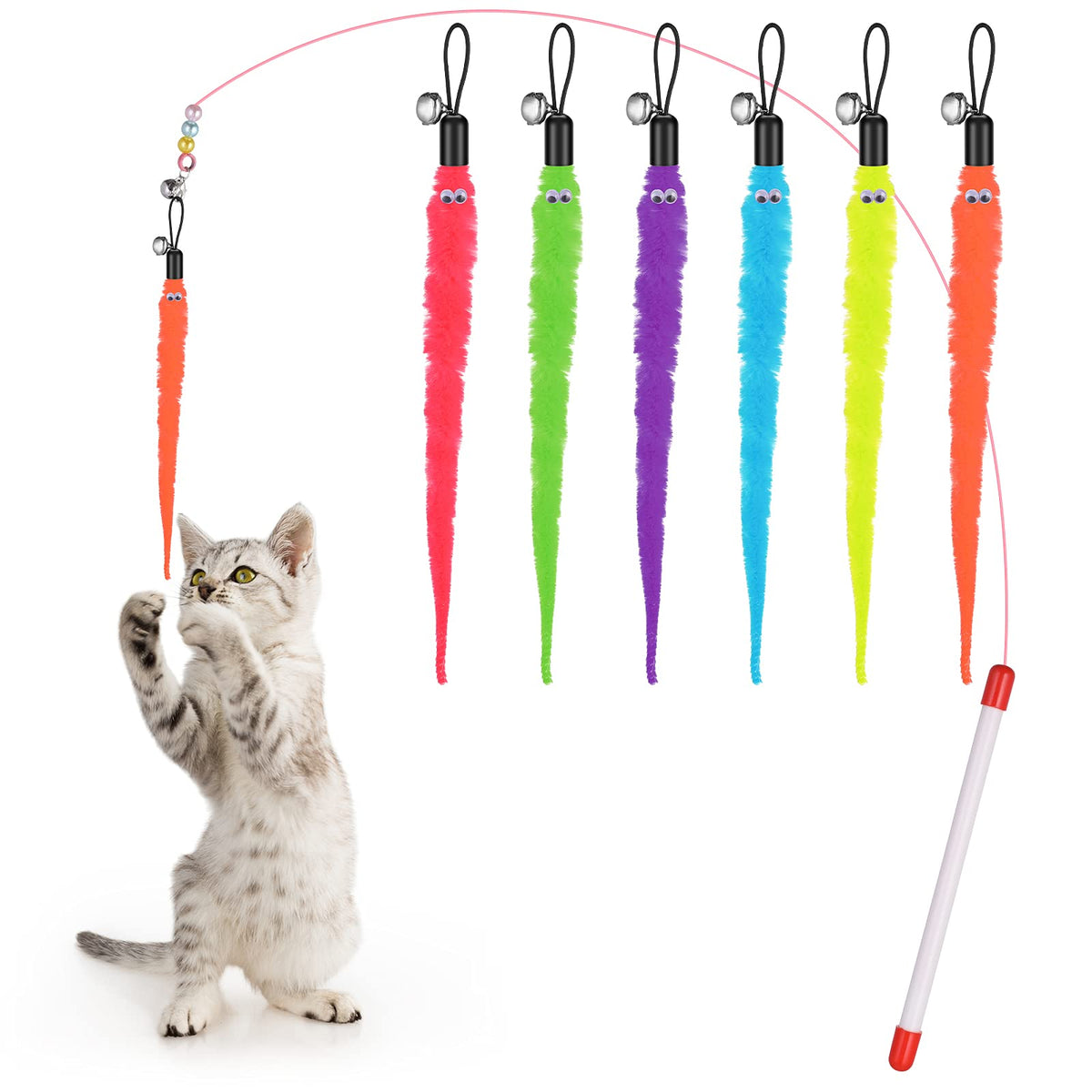 Molain Cat Wand Toy Set -Cat Teaser+ 6Pcs Furry Tail Worms With Bells (Cat Teaser+6Pcs Furry Tail Worms)