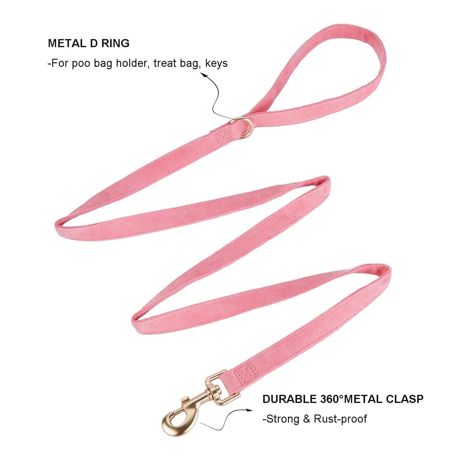 Ewinoom Soft Cotton Dog Leash, 5 Ft Heavy Duty Corduroy Dog Leashes With Gold Metal Hook For Small Medium Large Dogs,Medium,Pink