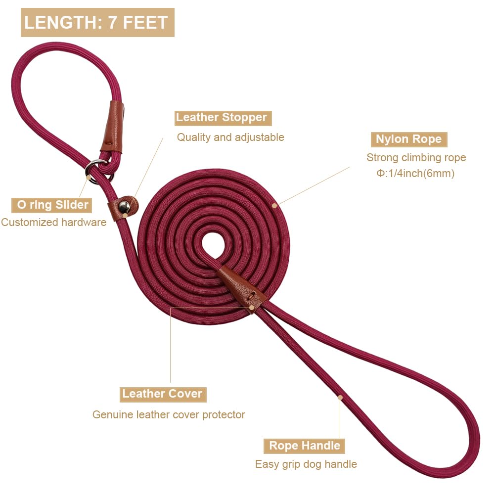 Btinesful 7Ft Slip Lead Dog Leash, Strong Nylon Rope Leash, 1/4 Inch Diam Dog Training Lead For Small Medium Large Dogs, Wine Re