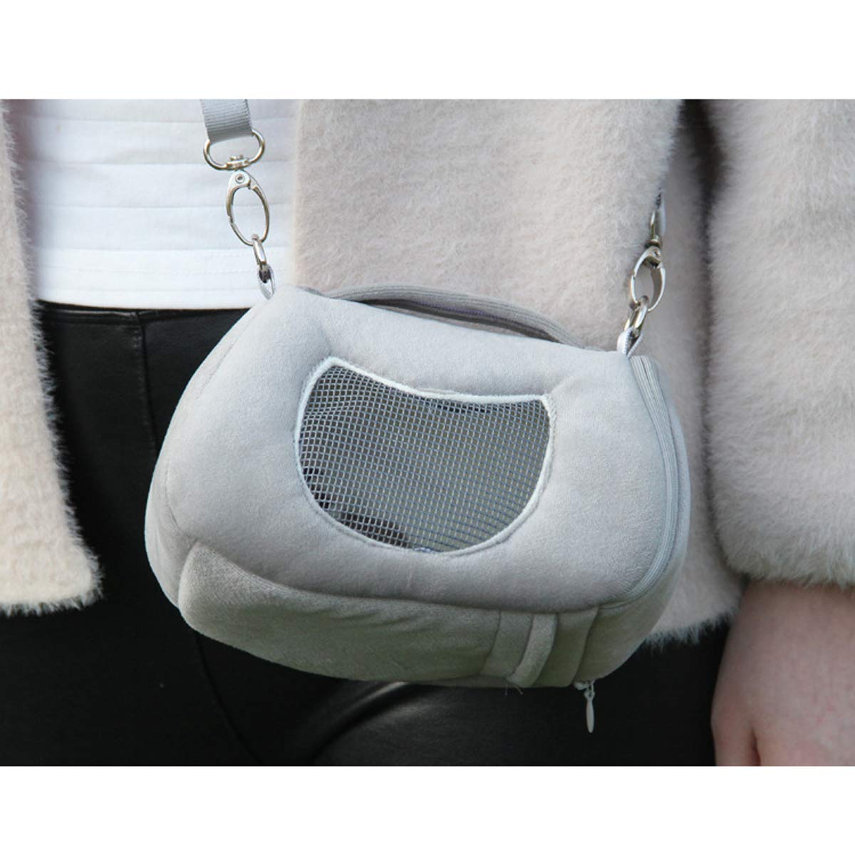 Hamster Carrier Bag Portable Outdoor Travel Handbag With Adjustable Single Shoulder Strap For Hamster Small Pets (Grey)