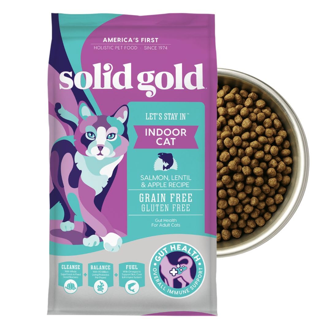 Solid Gold Indoor Dry Cat Food - Grain Free & Gluten Free - Salmon Cat Food Dry Kibble for Indoor Cats w/Probiotics & Fiber for
