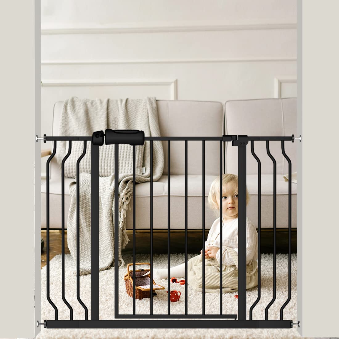 Flower Frail Extra Wide Black Baby Gate 38.5-43.5 Inch Walk Through Pressure Mounted Safety Gate No Drill Tension Metal Gate For Dog Cat And Infant Toddler