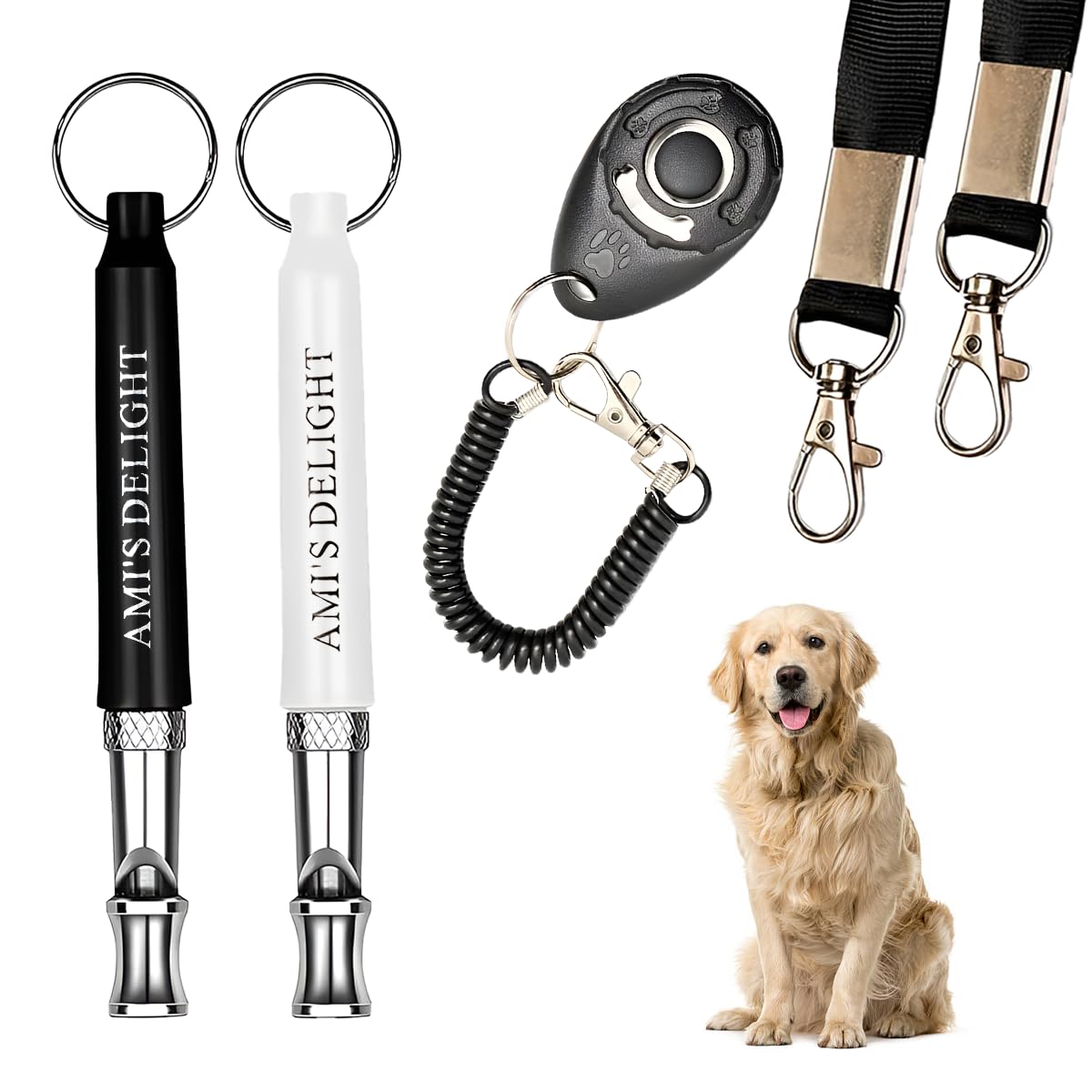 Amis Delight Dog Whistle Set of 5 | 2PCS Premium Quality Adjustable Dog Whistles with 2 Black Lanyards and a Dog Clicker | Ultr