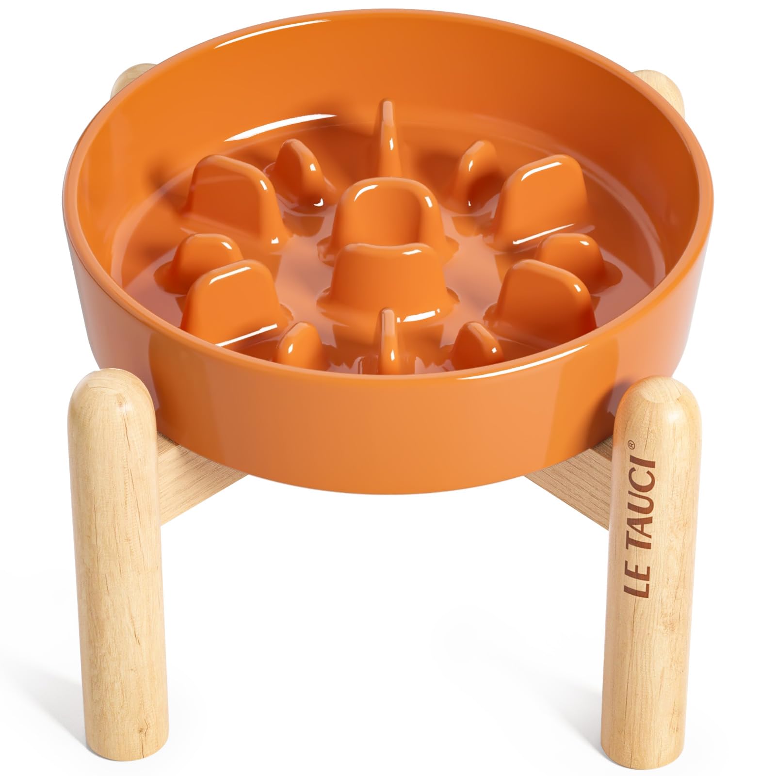 LE TAUCI Ceramic Slow Feed Dog Bowls, Elevated, Anti-Gulping, Non-Slip, 6 inch, Orange