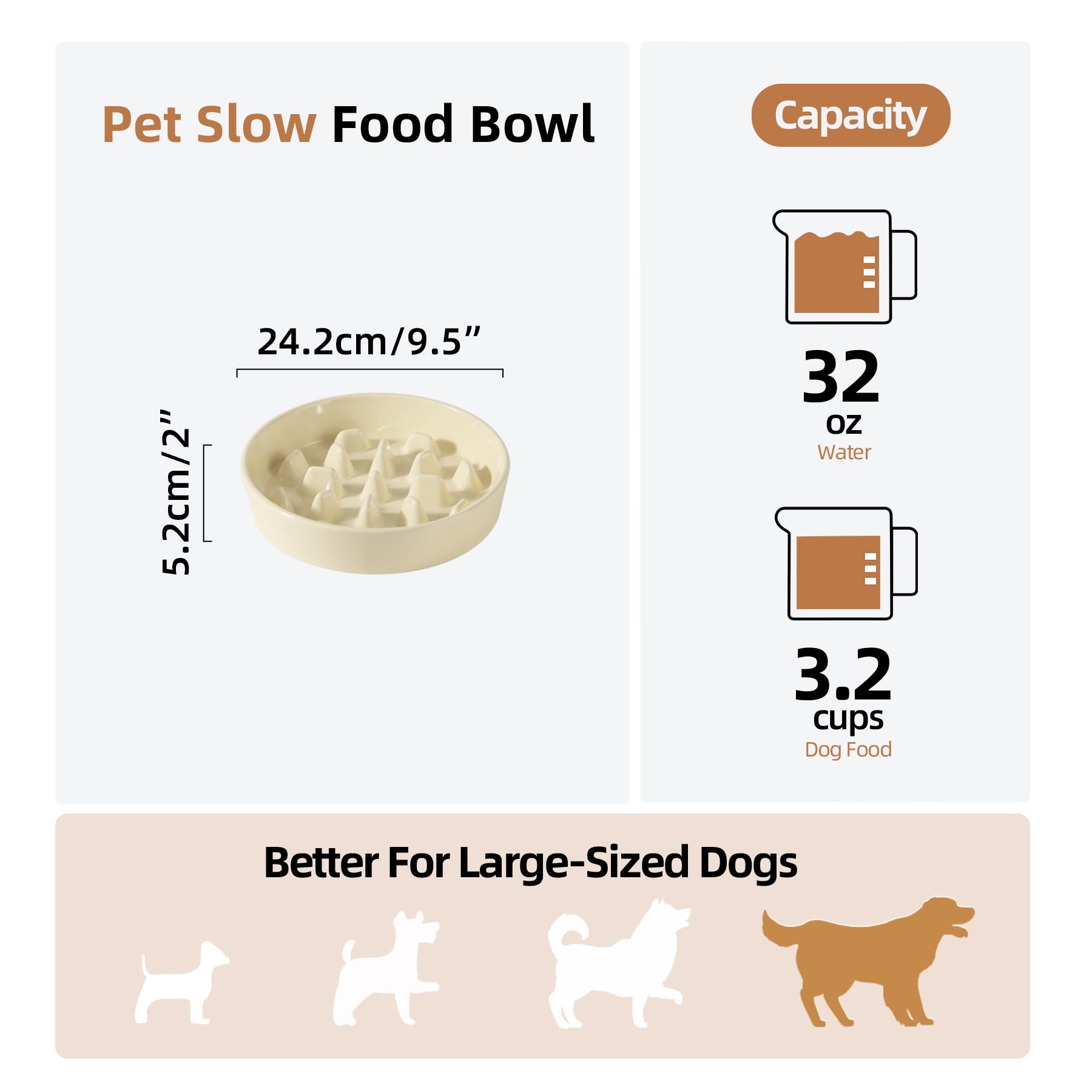 Havniva Ceramic 3.2 Cup Dog Bowl Slow Feeder, 9.5 inch Slow Pet Food Dish for Large Dog, Stop Bloat, Preventing Choking(Single B