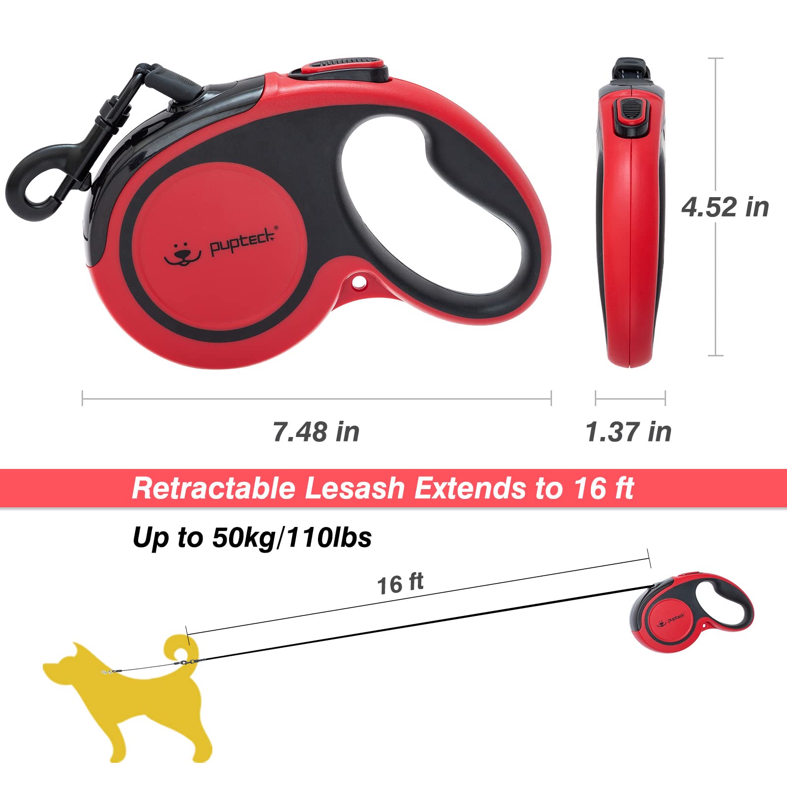 PUPTECK Retractable Dog Leash, 16ft Reflective, Anti-Chewing Steel Wire, Tangle-Free for Small Medium Large Dogs, Red, Heavy Duty 110lbs