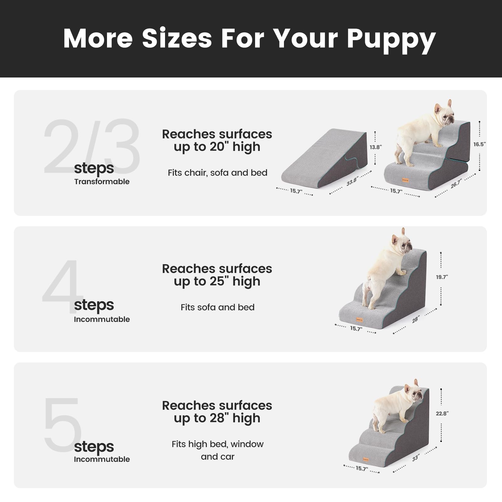 Gardner Pet Dog Stairs for Small Dogs 16.5 '' H, 2 in 1 Transformable 3-Step Pet Stairs and ramp, Dog Steps for Couch (13-20 in)