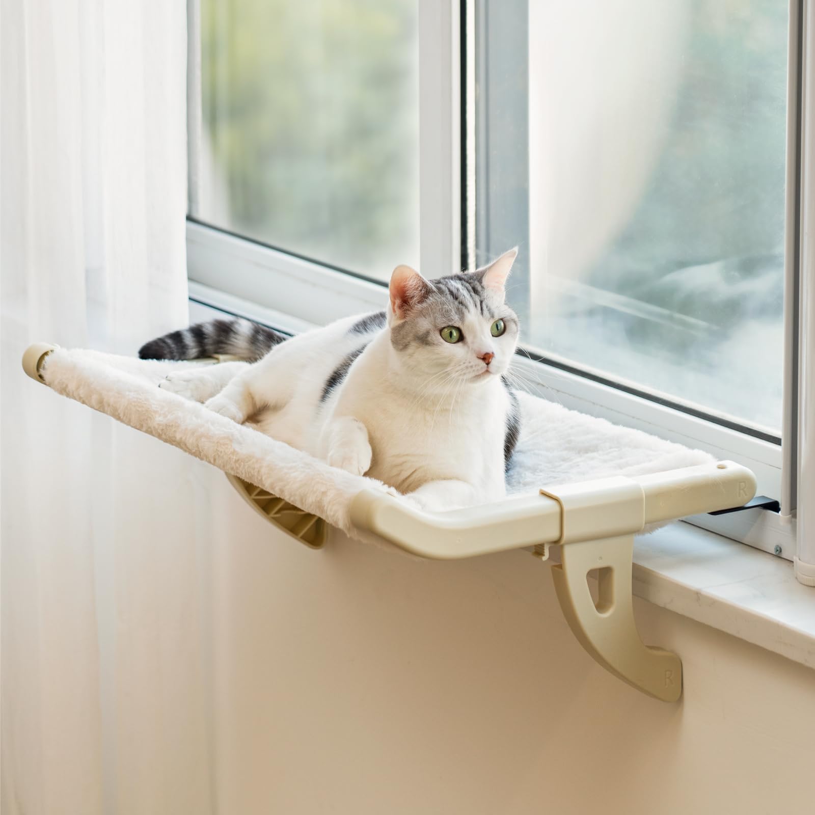 Mewoofun Cat Window Sill Perch For Indoor Cats, One-Step Sliding Clamping Slot Adjustment Cat Window Hammock With Removable Cove