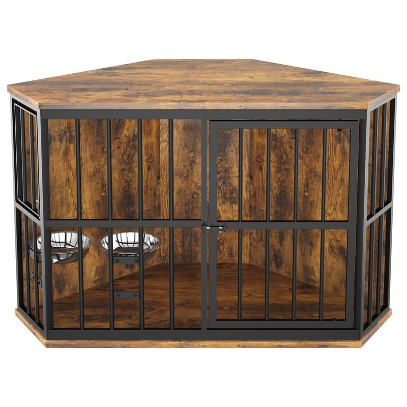 ROOMTEC 42 inch Furniture Dog Crate Corner, Dog Kennel Corner Wooden End Table with Bowl, Indoor Pet Crates Corner Side Table fo