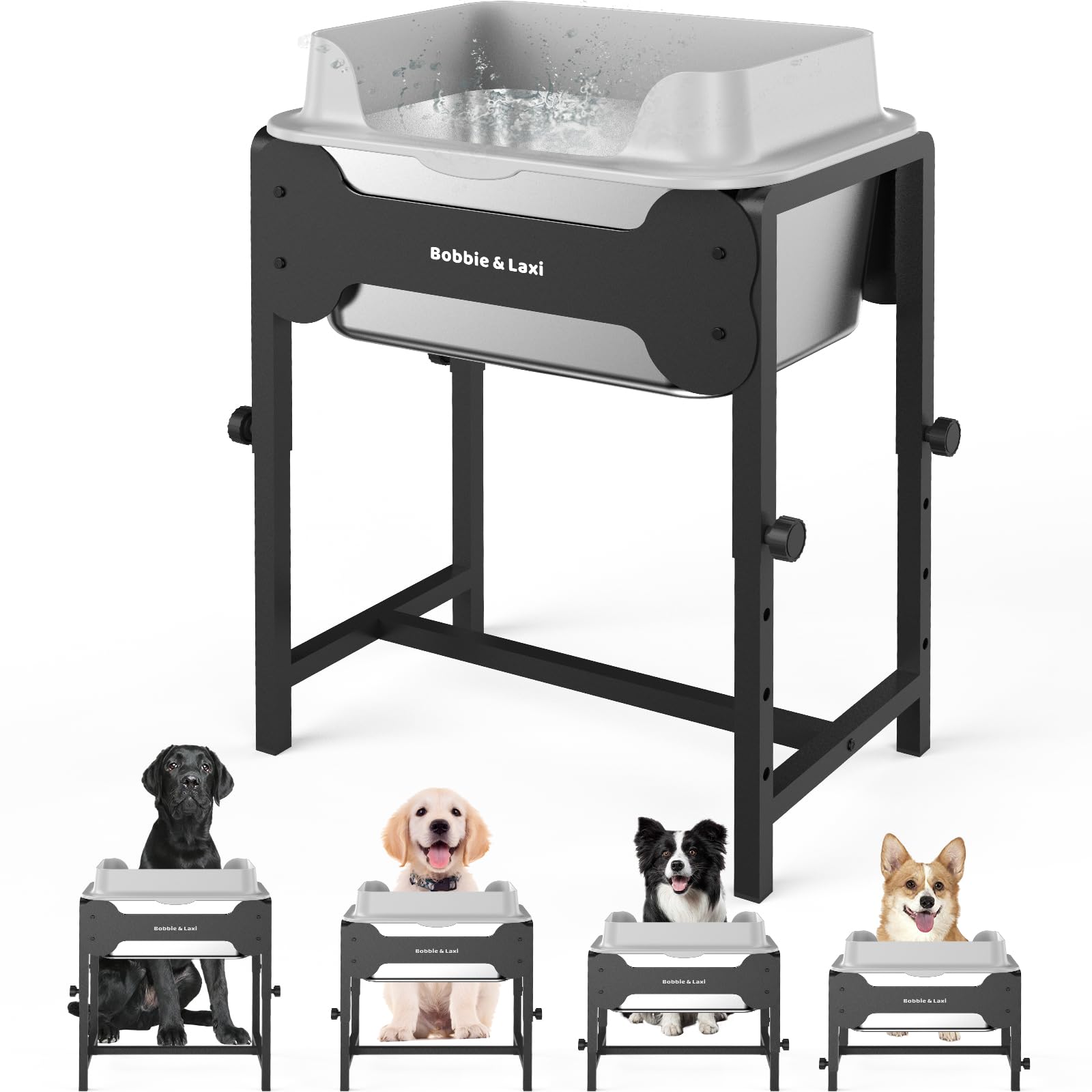 4-Height Adjustable Elevated Dog Water Bowl with Splash Guard, 2.5 Gallon No-Spill Large Capacity Raised Dog Water Bowl for Larg