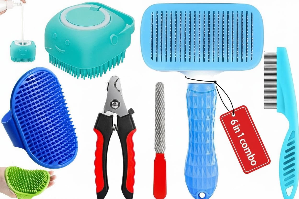 6 In 1 Pet Grooming Kit For Dog And Cat With Shedding Brush Nail Clipper Bath Brush Flea Comb And Complete Grooming Tools Set Fo