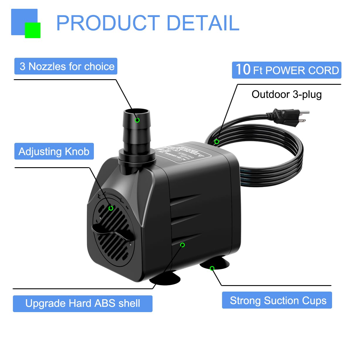 Fountain Pump 400GPH Submersible Water Pump Ultra Quiet for Fountain, Pond, Aquarium, Hydroponic with 10ft power cord