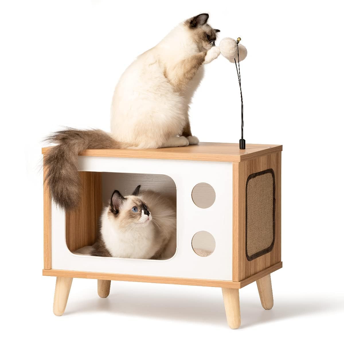 Cat House Wooden Condo Cat Bed Indoor Tv-Shaped Sturdy Large Luxury Cat Shelter Furniture With Cushion Cat Scratcher Bell Ball T