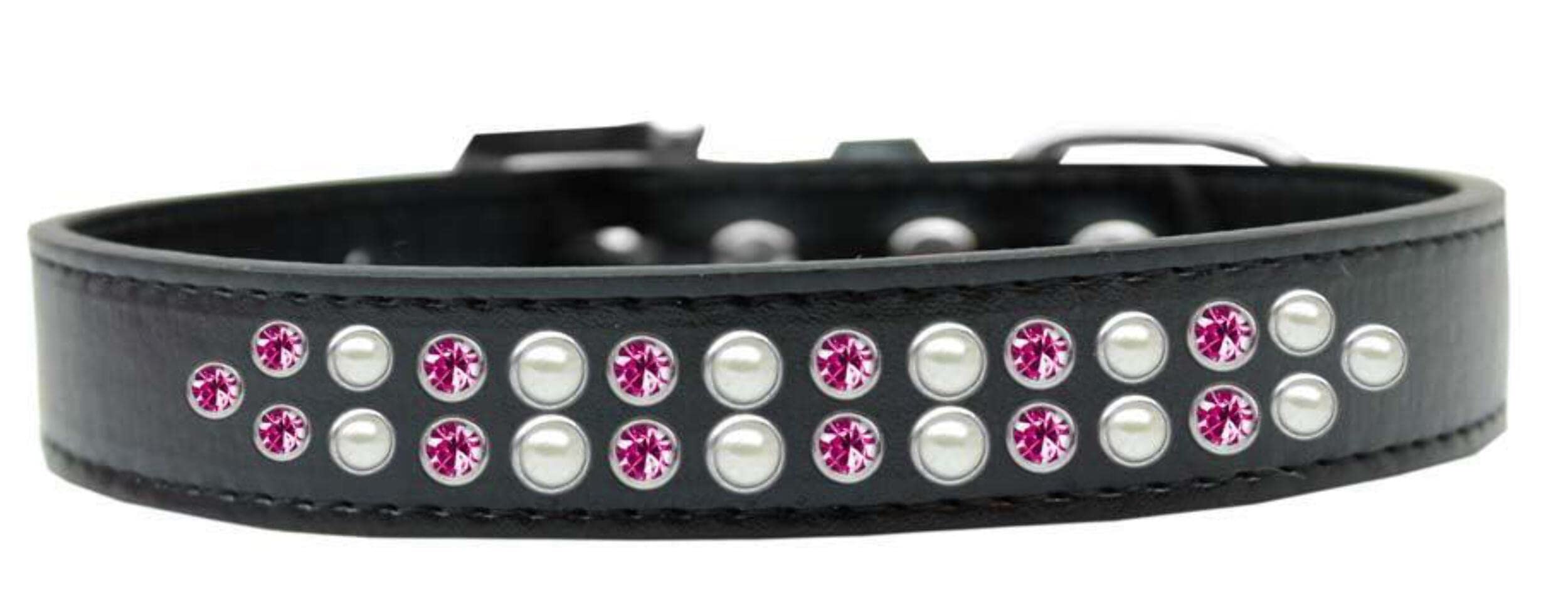 Dog, Puppy & Pet Fashion Collar, Two Row Pearl and Pink Crystal Rimsets Aqua 18