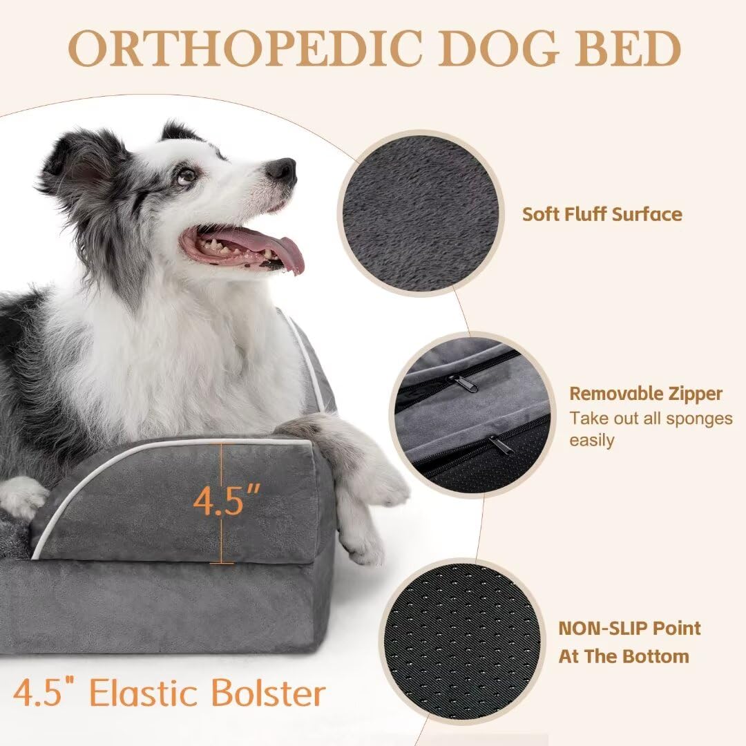 Comfort Expression Cooling Dog Bed For Large Dogs, Memory Foam Orthopedic Dog Bed, Waterproof Dog Beds, Washable Dog Bed With Removable Cover,Pet Bed Dog Sofa With Bolster(Large,Leaden Grey)
