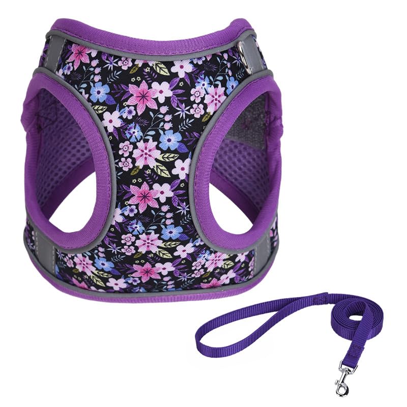 JUFOO XS Purple Flower Pattern Dog Harness and Leash Set,No Escape Easy Walk Puppy Harnesses for Training Walking,Breathable Adj