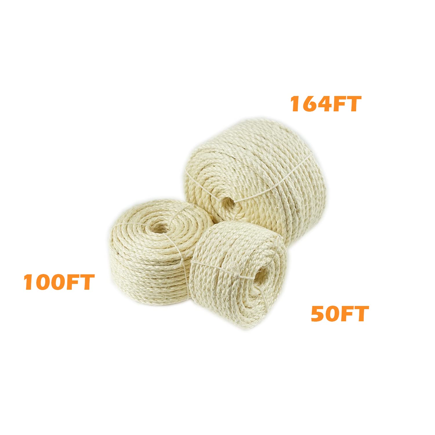 Treasborn Natural Sisal White Rope For Cat Scratcher Scratching Post Replacement 1/4 Inch Cat Tree Rope For Repairing, Recovering Or Diy Cat Scratcher 50/100/164 Feet