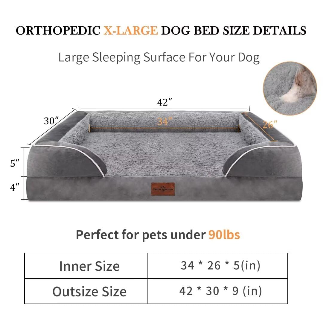 Comfort Expression Cooling Dog Bed, Orthopedic Memory Foam Dog Bed, Dog Beds For Extra Large Dogs, Xl Dog Bed With Removable Cover, Waterproof Pet Bed Large With Bolster(X-Large,Silver Grey)