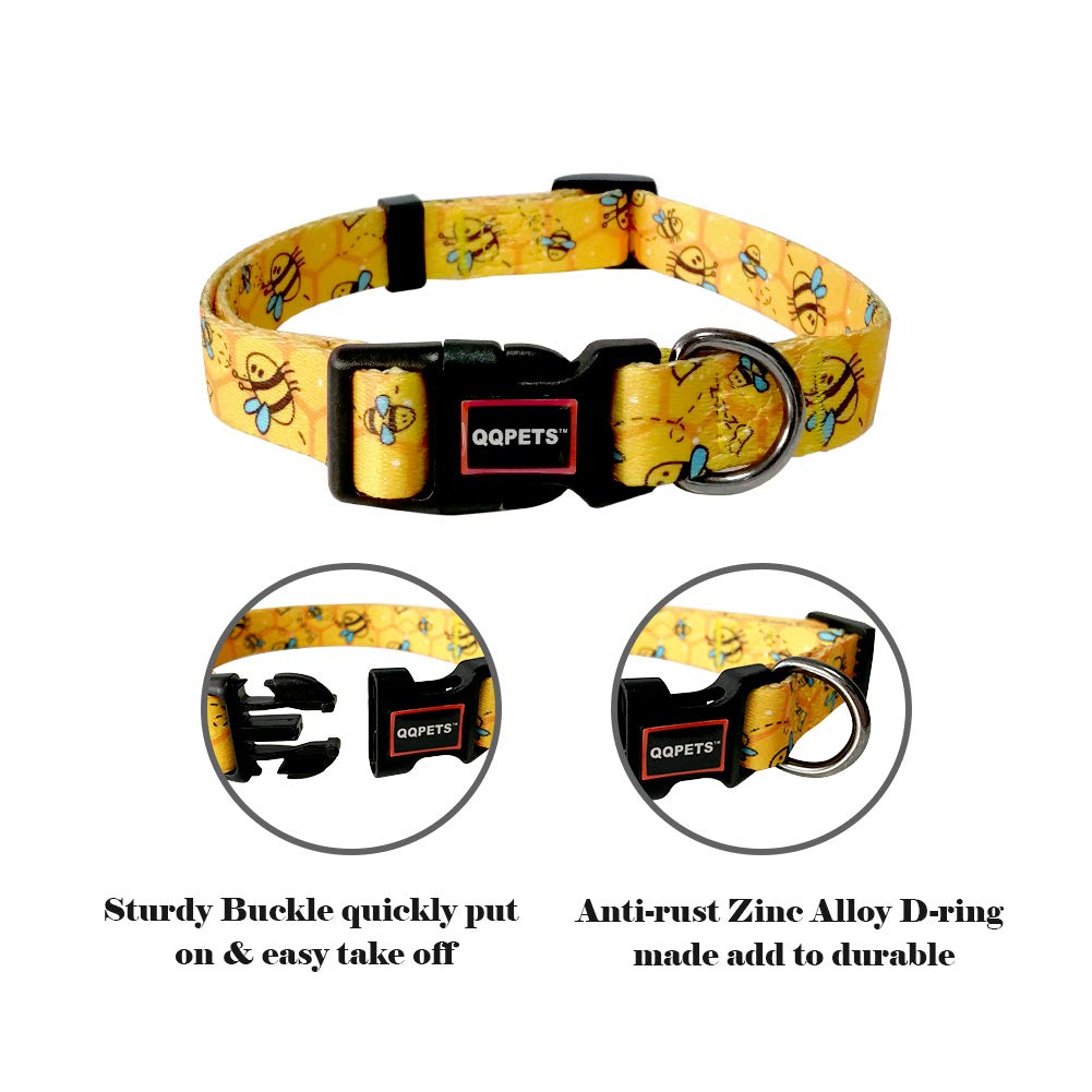 Qqpets Adjustable Soft Dog Collar: Print Flower Pink Multicolor Cute Patterns For Xs Small Medium Large Pet Girl Boy Puppy Walking Running Training (Xs, Yellow Bee)