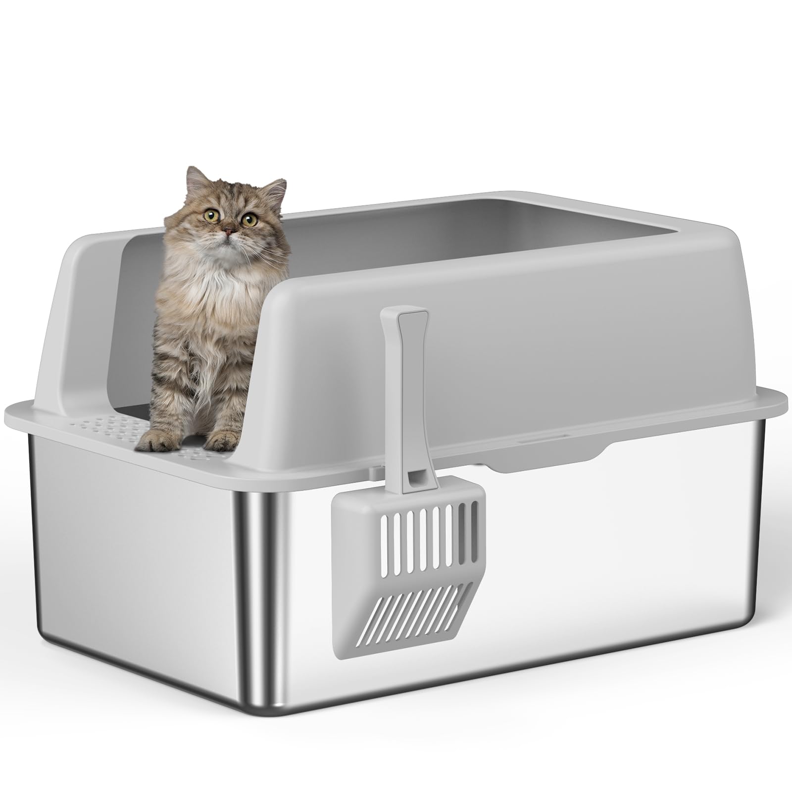 Zarler Stainless Steel Litter Box with Lid, Extra Large Metal Litter Box for Big Cats, Light Grey (Non-Sticky, Easy to Clean, An