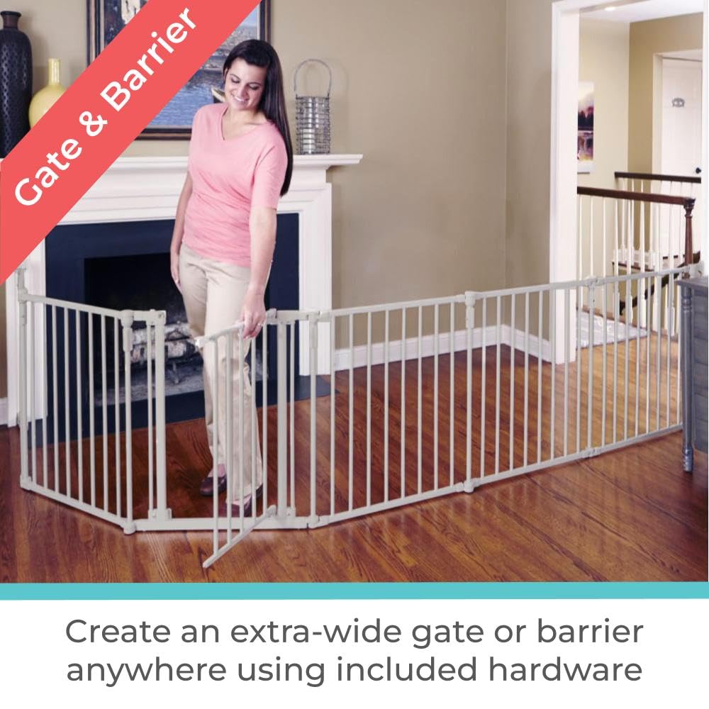Toddleroo By North States 3 In 1 Metal Superyard 8 Panel Play Yard, Baby Gate, Playpen Or Extra Wide Baby Fence, 199' Wide. Wall Mount Kit Included. 19 Sq Ft Play Yard (30' Tall, Taupe)