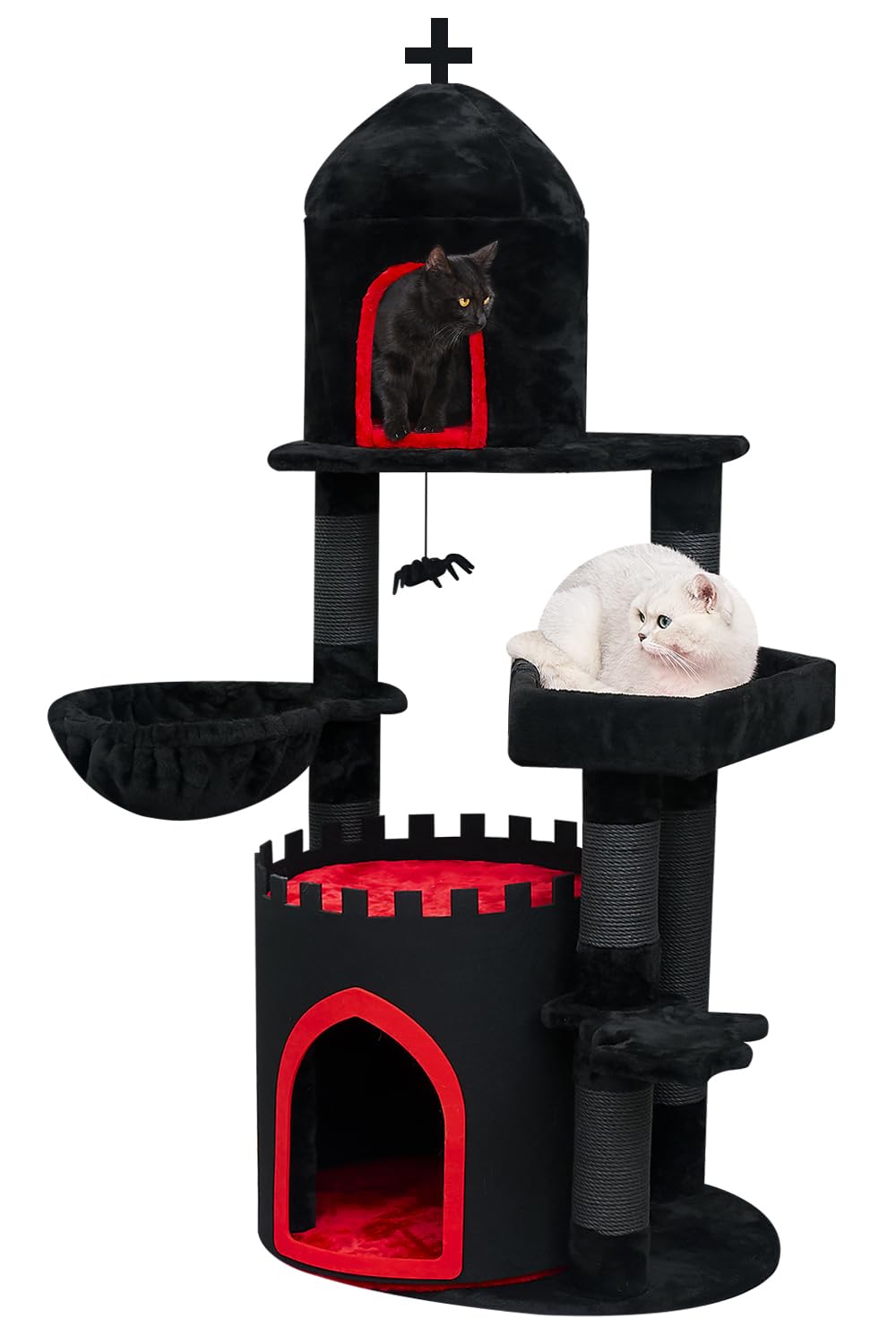 Yaruomy Gothic Cat Tree Castle, 56In Black Cat Tower With Coffin Cat Bed, Spacious Cat Condo For Halloween Cat, Kraft Twine Scra