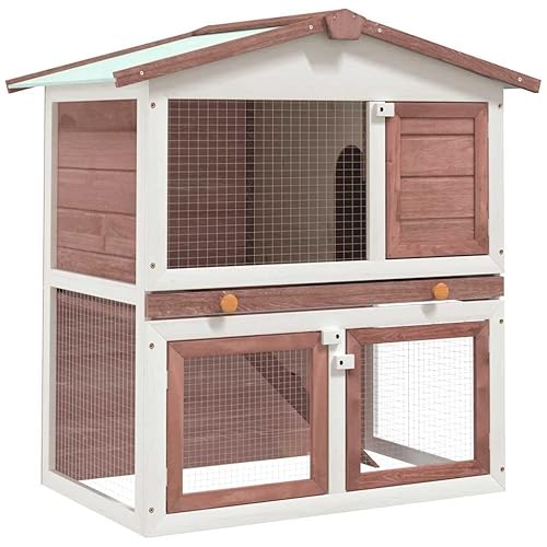 vidaXL Outdoor Rabbit Hutch with 2 Layers | Brown Wood | Spacious Pet House with 3 Doors | Exercise and Play Area for Rabbits