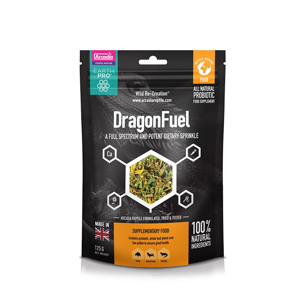 Arcadia EarthPro DragonFuel Botanical Bearded Dragon Food Sprinkle 125g - All-Natural Reptile Food Topper with Bee Pollen, Probi