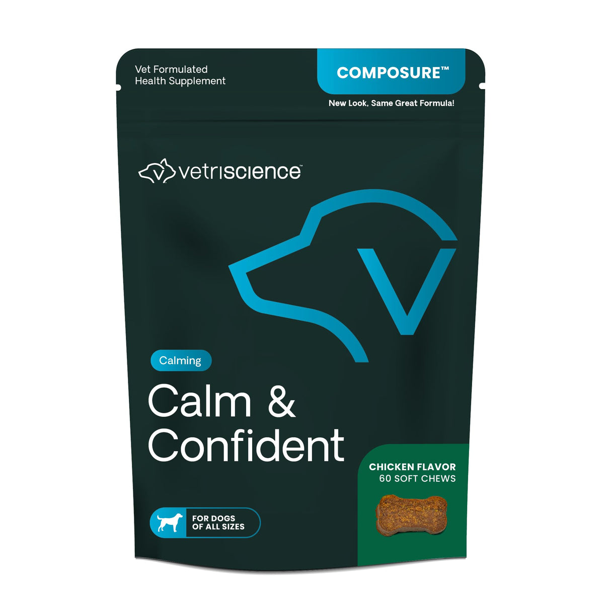 Vetriscience Calm & Confident Chews, Composure Clinically Tested Calming & Anxiety Supplement For Dogs, Reduce Stress & Fear, Ideal For Thunderstorms, Fireworks & Travel, Chicken, 60 Count