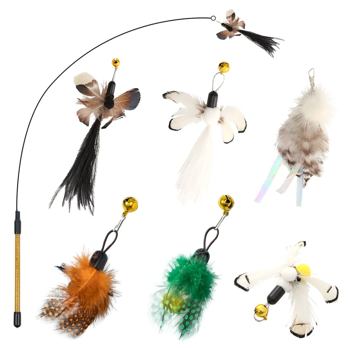 Hokoad Cat Insect Feather Toys, Cat Feather Toys Accessories, 1 Pcs Cat Wand And 6 Pieces Natural Insect Cat Toy Feathers Refill