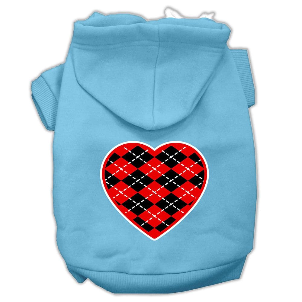 Pet Dog & Cat Hoodie Screen Printed, 'Red Argyle Heart' Baby Blue Md (6-10 Lbs.)