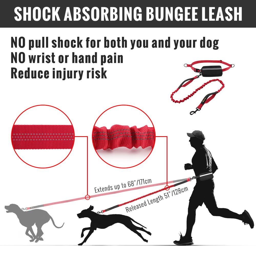 Plutus Pet Hands Free Dual Handle Retractable Bungee Leash With Reflective Stitches, Adjustable Waist Leash For Dog Walking Runn