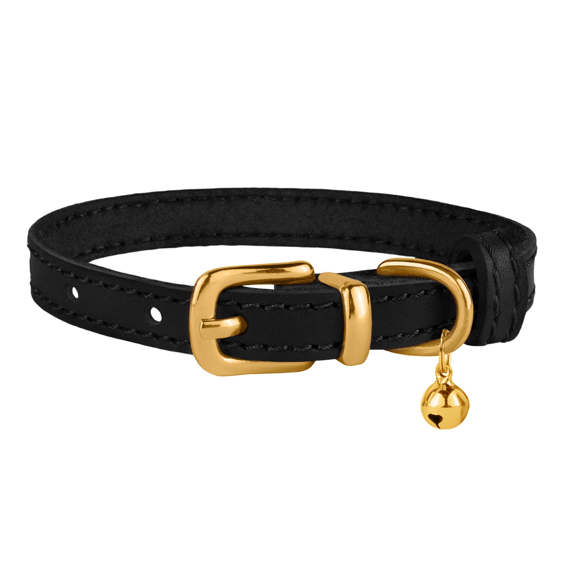 Bronzedog Leather Cat Collar With Bell Non Breakaway Kitten Qr Tag For Girl Boy (7'' - 9'' For Cats, Black & Gold)