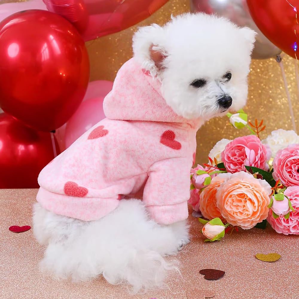 Aniac Pink Dog Hoodies For Small Dog Valentines Day Puppy Clothes With Leash Ring Cute Heart Pattern Cat Sweater Hooded Pet Swea