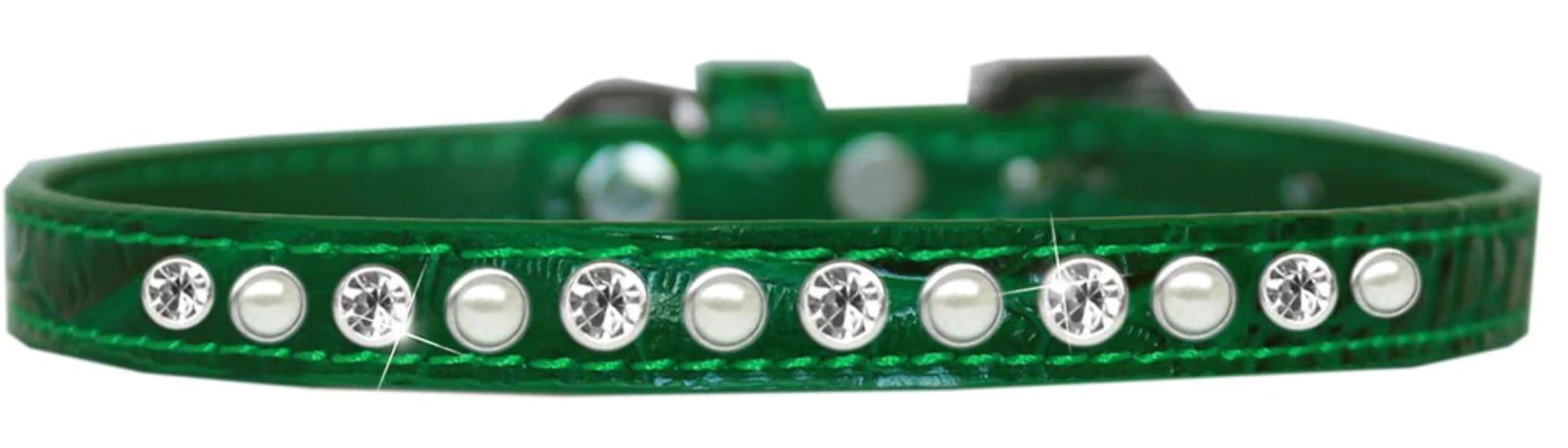 Dog, Puppy and Pet Designer Croc Collar, One Row Pearl & Clear Crystals Rimsets Silver 14