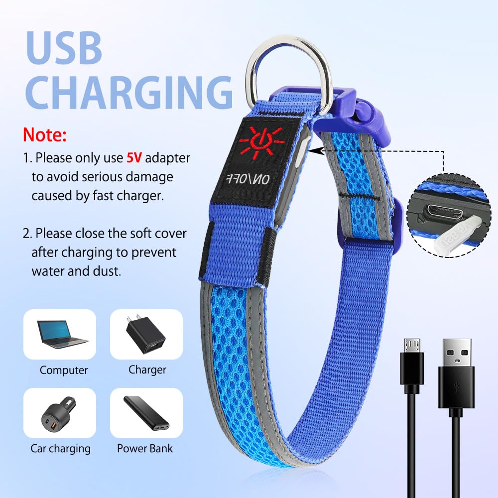 Illumifun Led Dog Collar, Usb Rechargeable Light Up Dog Collar, Reflective Sfety Collar Light Glow In The Dark (Medium, Light Bl
