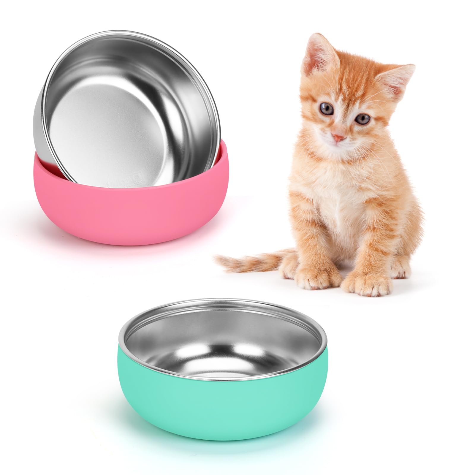 Non-Slip Stainless Steel Cat Bowls, 2 Pack Cat Dishes for Food and Water with Detachable Colorful Silicone Anti-Slip Bottom, 5 