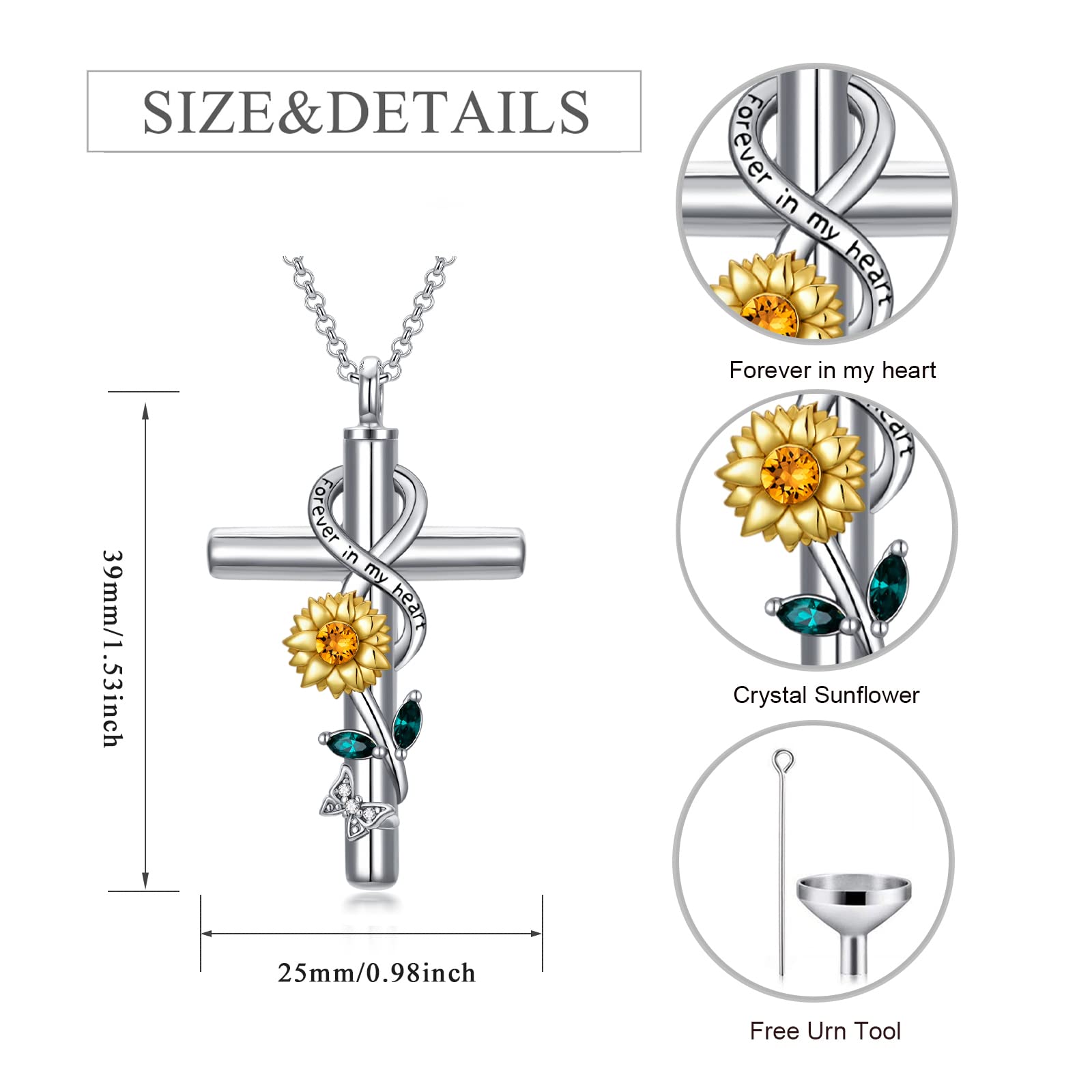 Flpruy Sunflower Urn Necklaces For Ashes 925 Sterling Silver Sunflower Cross Urn Pendant Cremation Keepsake Memorial Pendant Nec
