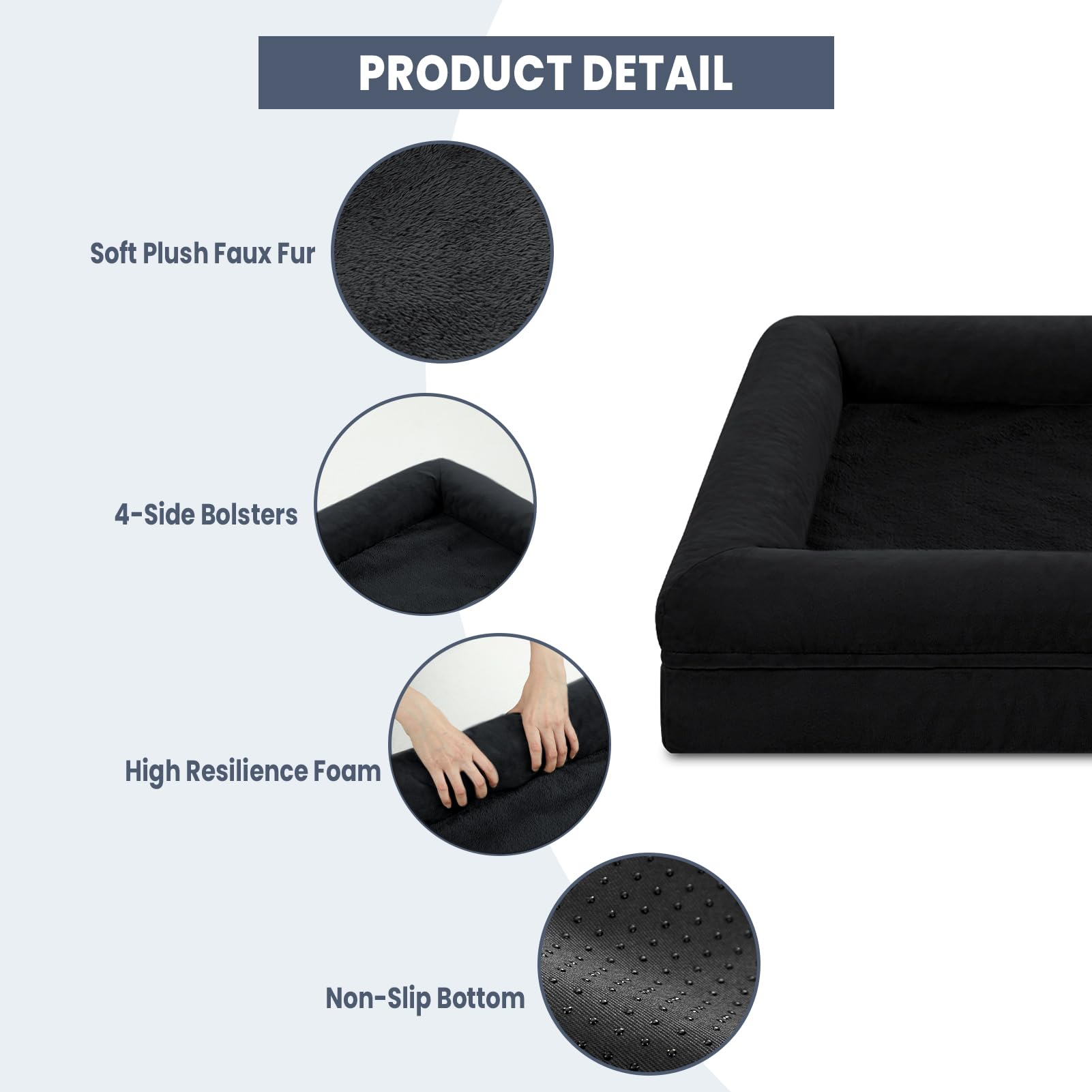 Yiruka Jumbo Dog Bed, Black Orthopedic Dog Bed, Waterproof Dog Bed With Removable Cover, 4-Sides Removable Bolster Dog Soft Sofa Bed With Nonskid Bottom, Washable Dog Beds For Large Dogs