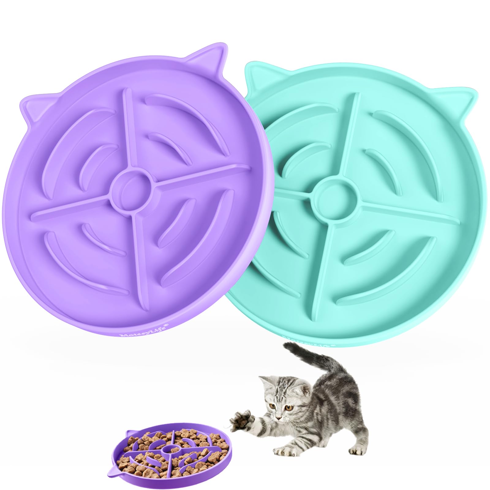 MateeyLife 2 Pcs Silicone Slow Feeder Cat Bowl, Puzzle Feeder Cat Food Dish, Non-Slip Silicone Bowl for Cats, Suitable for Dry a