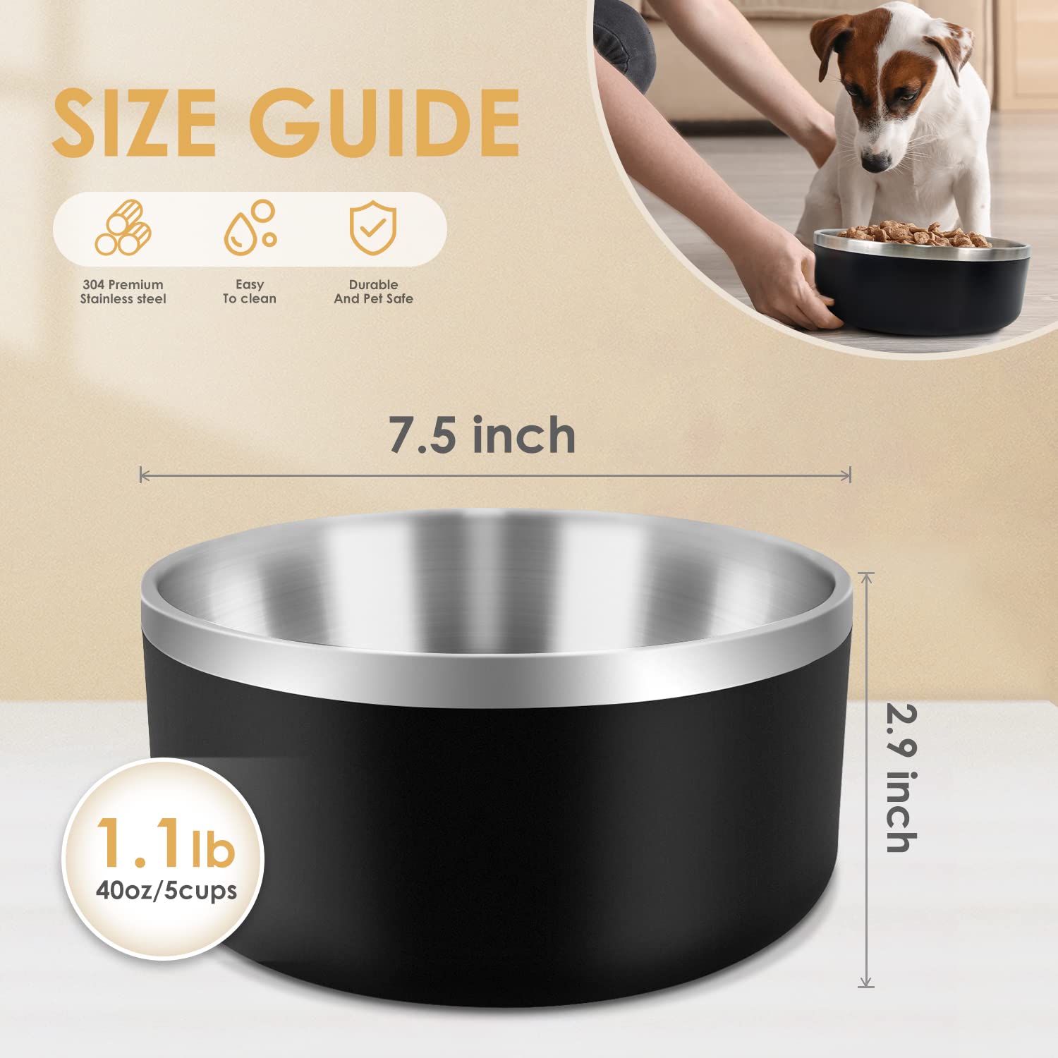 IKITCHEN Dog Bowl for Food and Water, 40 Oz Stainless Steel Pet Feeding Bowl, Durable Non-Skid Double Wall Insulated Heavy Duty