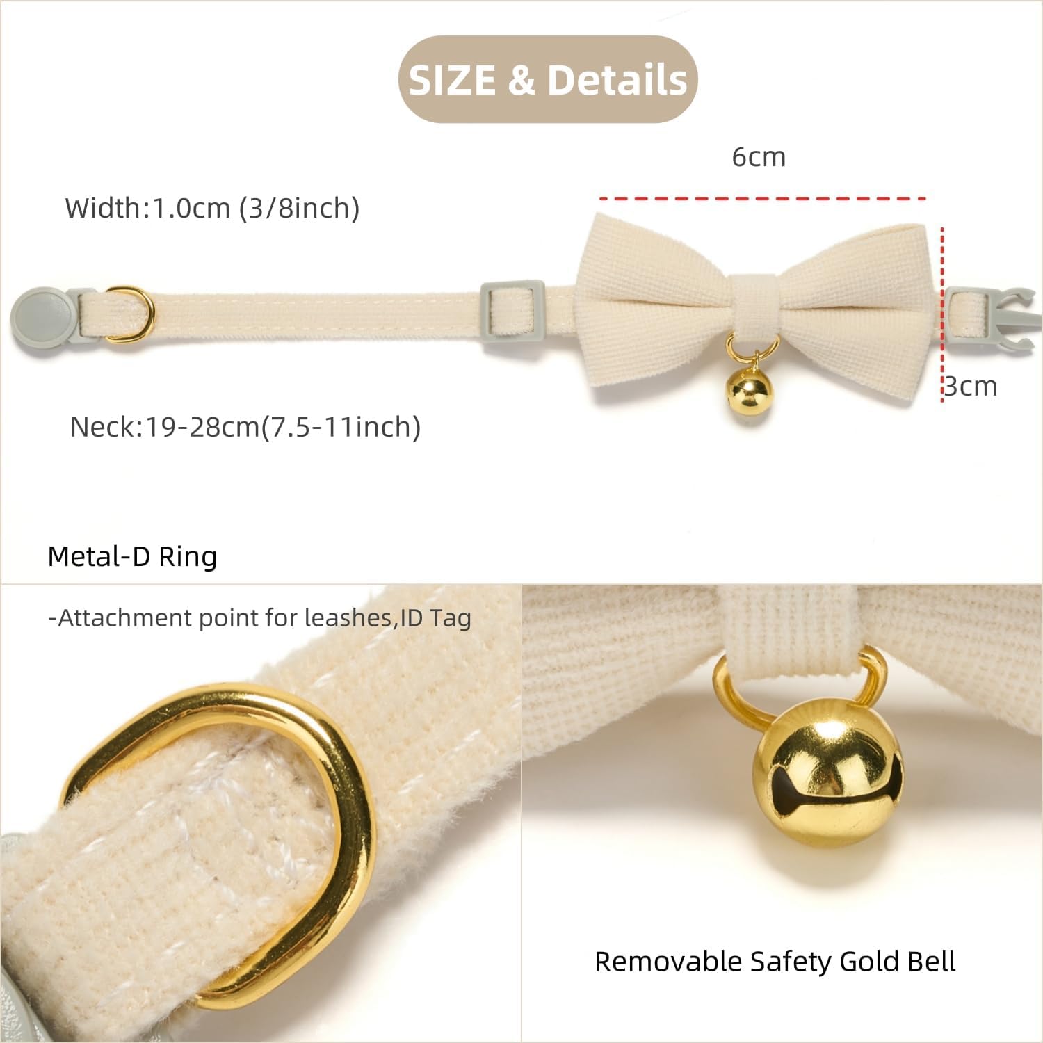 Petiry Soft Corduroy Cat Collar, Plaid Pattern, With Bell And Bowtie, Safety Breakaway Clasp, Adjustable For Kitten And Cats Whi