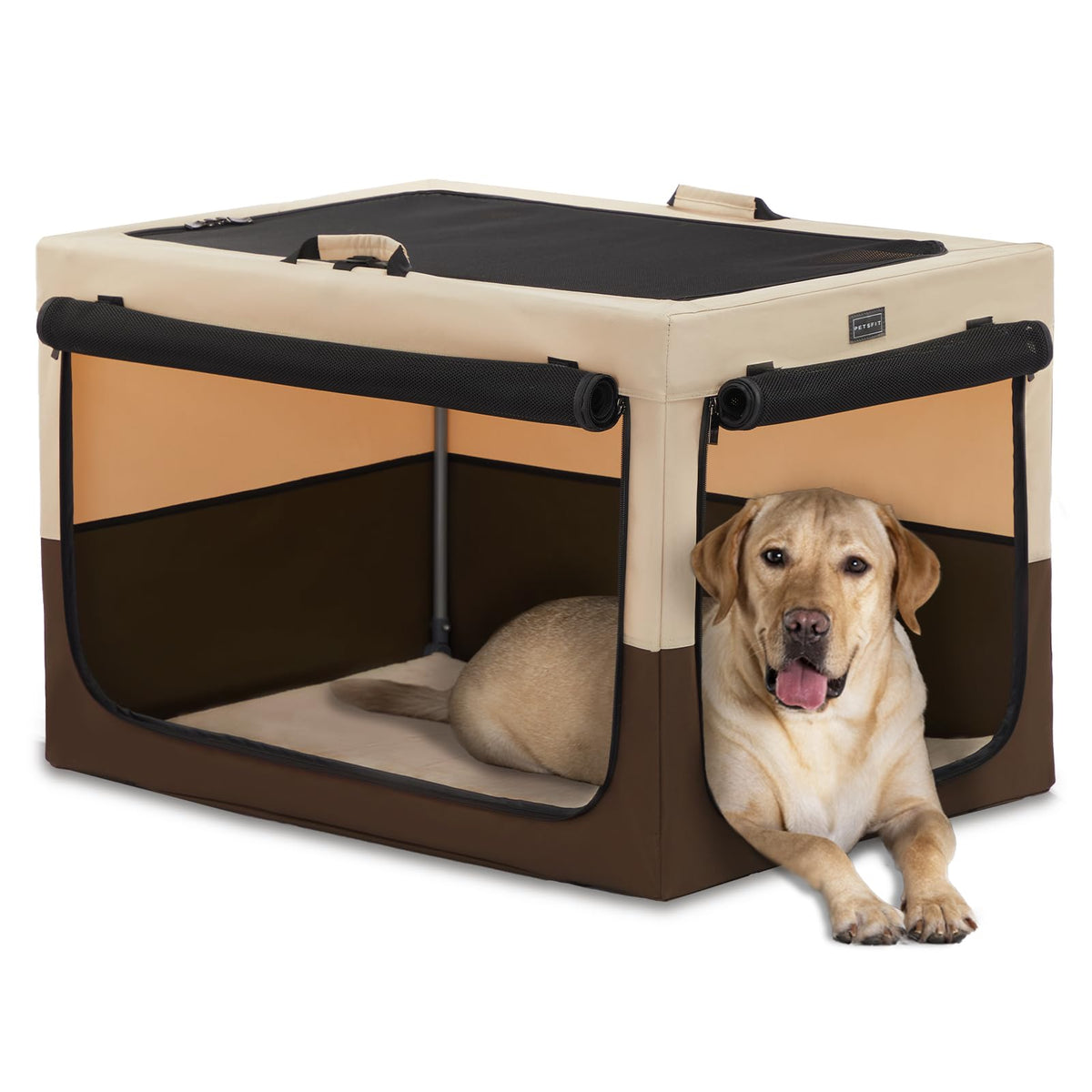 Petsfit 36 Inch Large Soft Dog Crate, Adjustable Design Soft Kennel With Chew Proof Mesh Windows & Thicken Mat, Ideal For Indoor & Outdoor Travel Brown