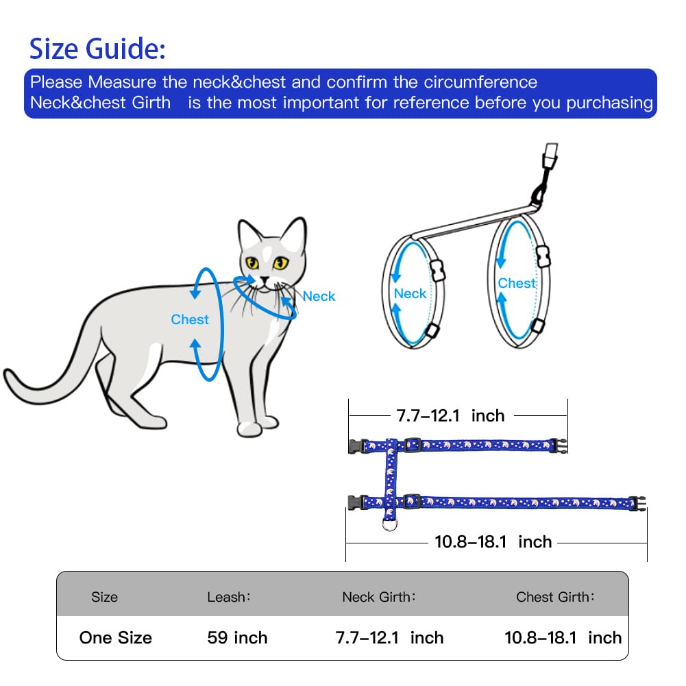 Cat Harness And Leash Set Gold Moons Soft Nylon Escape Proof Adjustable For Kittens Small Animals Glow In The Dark(Blue)