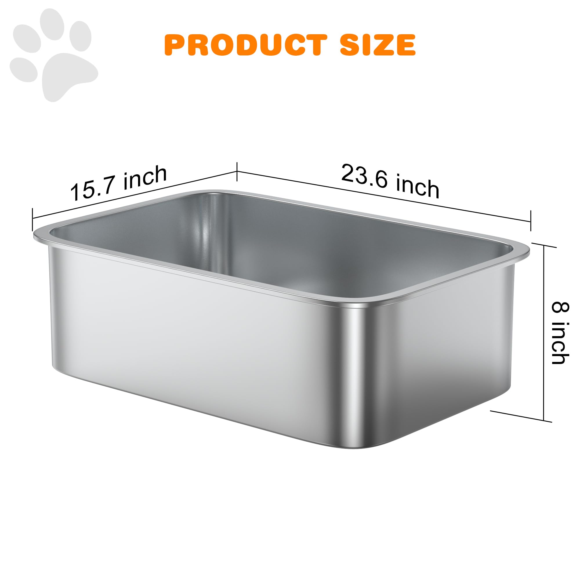 Nisrada 8'' Deep Litter Box, Stainless Steel, Silver, 23.6'' X 15.7'' X 8'', Cat, Easy To Clean, Non-Stick, Suitable For Indoor